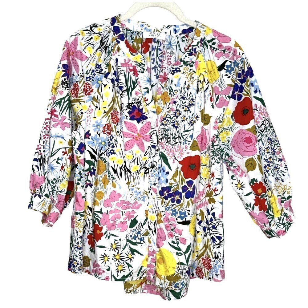 Avara Blouse Womens XS White Multi Floral Button Front Lightweight Top Cotton